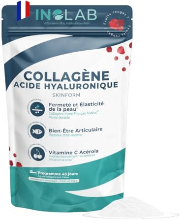 INOLAB Collagene Marin poudre & Acide Hyaluronique & Acérola Bio | Collagène marin Français Breveté 2000 Da | | Arôme Naturel Fruits Rouges | 45 Doses de 5,38 g/jour