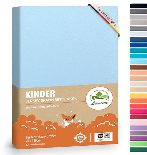 Premium Kinder Spannbettlaken leevitex® | 2er Set | Für Babybett & Kinderbett 70 x 140 cm | 100% hochwertige Mako-Jersey-Baumwolle - 170 g/m² | Öko Tex geprüft | Hellblau