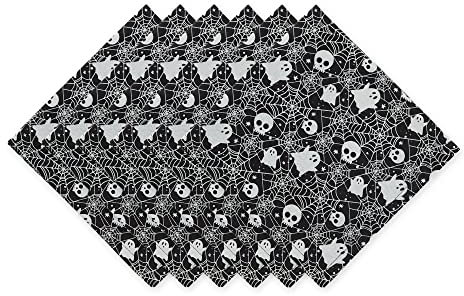 DII Halloween-Party-Tischdekoration, wiederverwendbar, maschinenwaschbar, Baumwollstoff, Servietten-Set, 20 x 20, Totenkopf-Geister und Spinnennetze, 6 Stück