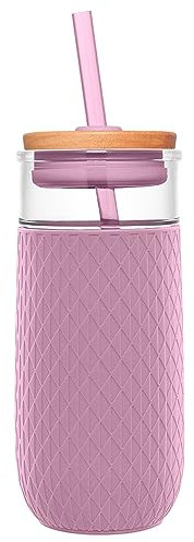 Ello Devon 18oz Glass Tumbler with Straw, Friction Fit Bamboo Wood Lid and Silicone Sleeve | Perfect for Iced Coffee, Tea, and Smoothies | Mauve