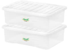 2 x 32L Plastic Storage Boxes Crystal Clear Box & Lid Large Home Office Stackable Nestable Under bed Boxes