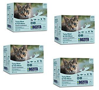Bozita Multibox Tasty - Meat and Fish | 4er Pack | 4 x 12 x 85 g | Alleinfuttermittel für ausgewachsene Katzen | Getreidefreies Nassfutter im praktischen Pouch Portionsbeutel