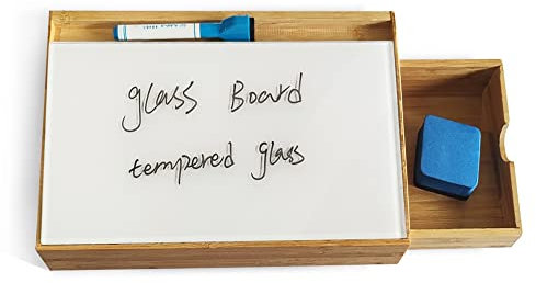 Desktop Glass Dry Erase Whiteboard with Wooden Office Supplies Organizer, Computer Keyboard Ständer, White Surface Pads with Drawers, Desk Organizer with Accessories for Office Home School Supplies