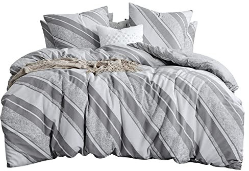 Aisbo Bettwäsche 200x200 Baumwolle Mikrofaser - Bettwäsche-Set Hell Grau 200x200cm 3 teilig mit Streifen Muster, Polybaumwolle Gestreift Bettbezug 2x2m aus 50% Baumwolle 50% Polyester