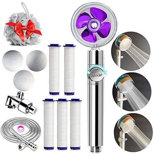 High Pressure Shower Heads Handheld Turbo Fan Shower Hydro Jet Shower Head Kit, with Replacement Hose/Bracket/Cotton Filters and Bath Loofah, 3 Water Panels for Different Experience Purple
