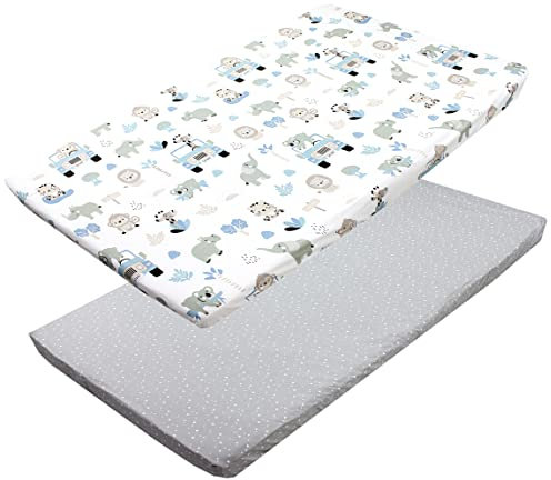 TupTam Baby Spannbettlaken Kinder Spannbetttuch für Babybett Kinderbett 2er Pack, Farbe: Zoo Blau/Sterne/Weiß/Grau, Größe: 90 x 200 cm
