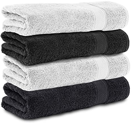Komfortec 4er Handtücher 50x100 cm Set aus 100% Baumwolle, Frottee, Weich, Schwarz/Weiß