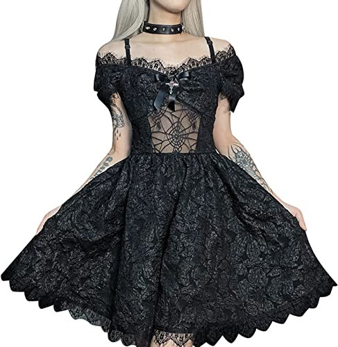SEAUR Gothic Kleid Damen Minikleid Retro Vintage Steampunk Rock Sommer Kleider Karneval Party Club Wear Cosplay Kostüm Fasching - L