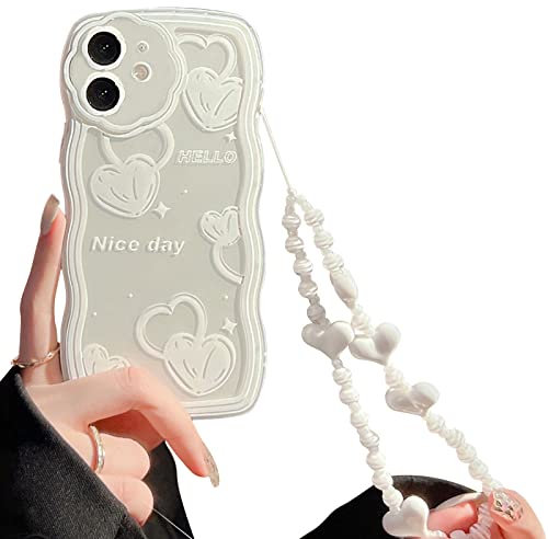 NITITOP Compatible for iphone 12 Case, Cute Oil Painting Love Pattern with Heart Beaded Lanyard Wrist Strap for Women Girls, Soft TPU- White Heart2