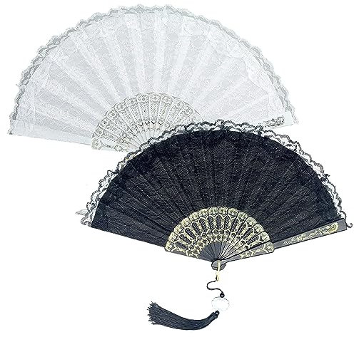 APOMOONS Vintage Spitzenfächer 2 Stück Fächer Spitze Fächerrippe Spitze Faltfächer mit Anhänger Handfächer Spitze für Schauspiel Tanz Fecher Damen für Abschlussball Party Hochzeit (Schwarz, Weiß)