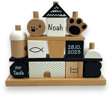 Taufgeschenk & Geschenkidee zur Taufe Mädchen & Junge - Personalisiertes Stapel- und Steckspiel Haus mit Steckformen Panda | Label-Label | Personalisiert mit Taufdaten und Namen