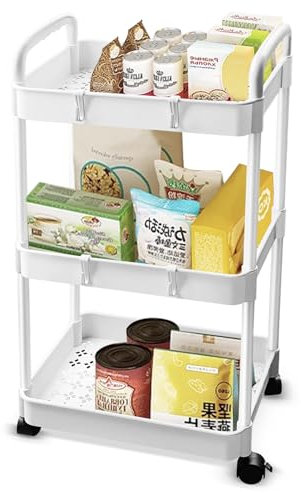Baxcdyswe Carrito de Cocina, 3 Niveles Blanco Plástico con Ruedas Carro Multiusos, Baño Carrito Auxiliar Cocina, Almacenaje Estante de Almacenamiento para Oficina, Sala, Lavadero, Espacio Estrecho