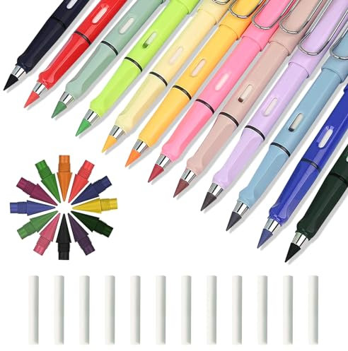 FINEASY 12 Stück Tintenlose Bleistifte Set, Ewiger Bleistift mit Radiergummi, Infinity Pencil mit 12 Wechselkopfm, Wiederverwendbar Forever Pen, Unendlicher Bleistifte Kinder Zauber Bleistift Set