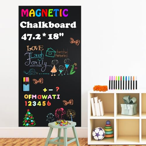 Ykall Magnetic Chalkboard Contact Paper for Wall, 47.2 x 18 Self-Adhesive Magnet Wall Sheet with 79 Magnetic Letters for Kids and 12 Colors of Chalk, Black Chalk Board Wallpaper Roll