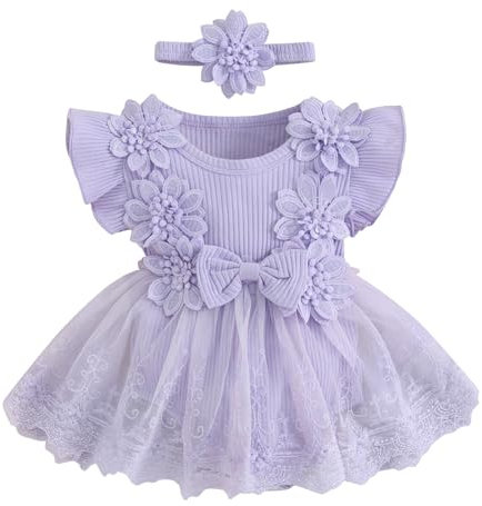 Geagodelia 2Pz Tutina Neonata Elegante Abito in Pizzo Piccola Principessa Vestito Cerimonia Romper Bimba Tutu Mesh Bodysuit Tulle Battesimo+ Fascia Floreale (Viola, 0-3 Months)