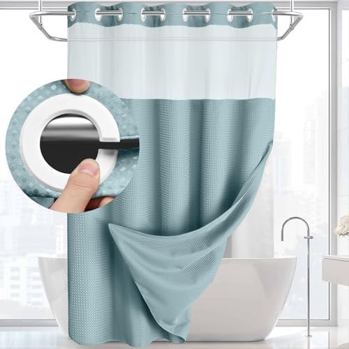 YellyHommy No Hook Shower Curtain with Snap in Liner Set Less Time Waffle Shower Curtain for Bathroom 75 L x 72 W Cyan