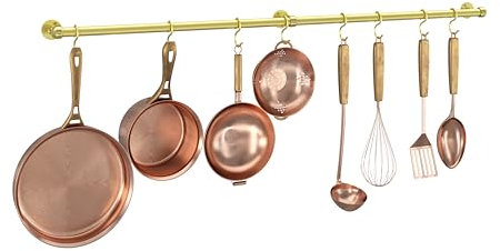 ROTHLEY Stainless Steel Pot Pan Hanger 100cm Wall Mounted Pot Pan Hanger Kitchen Wall Rail with Hooks (Brass)