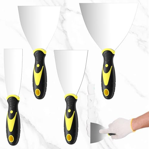 BREANIFULL 4 Pezzi Spatole per Stucco in Acciaio Inossidabile Coltelli da Stucco con Manico Antiscivolo in Plastica con Foro per Appendere Per Stucco Decalcomanie Carta da Parati Patch Pittura