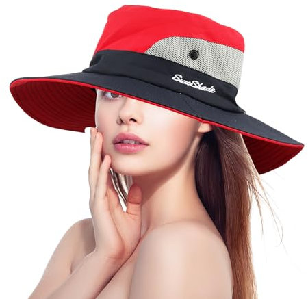 Funtery Damen Faltbarer Sonnenhut, Sonnenhut Damen Outdoor Sommer Wanderhut,Mesh Breite Krempe UV Schutz Fischerhut Gartenhut mit Verstellbarem Kinnband für Gartenarbeit Reisen Wandern Angeln