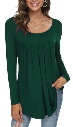 CATHY Womens Long Sleeve Tunic Tops Casual Ruffle T-Shirts Loose Comfy Blouses for Leggings, M, Dark Green