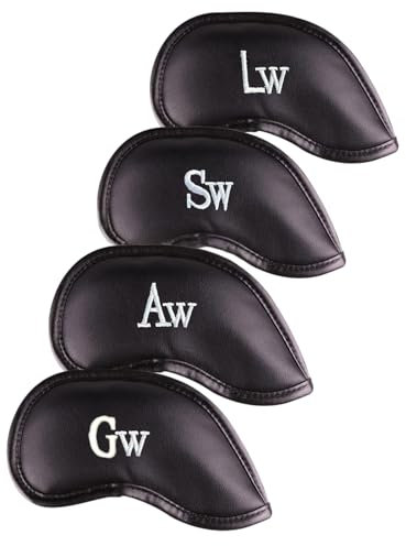 All Teed Up Premium Magnetic Leather Iron and Wedge Golf Club Head Covers | Set of 10 | Fits Most Clubs | Embroidered Club Label on Both Sides of Club Head Cover (Aw,Gw,Sw,Lw (Set of 4 Covers))