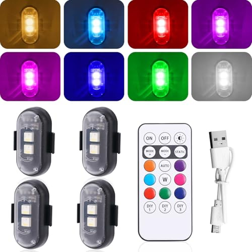 4 Pezzi di Luci Stroboscopiche con Telecomando, 8 Colori LED Wireless | Luci di Emergenza Ricaricabili a Impermeabili Anti-Collisione per Droni, Auto, Moto, Bicicletta