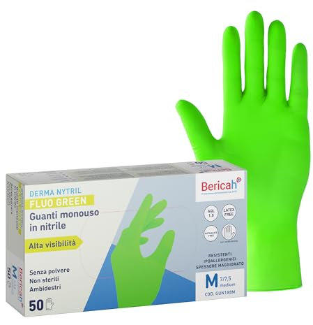 Bericah, Derma Nytril Fluo Green, Taglia M, Guanti Monouso in Nitrile, Senza Polvere, Colore Verde Fluo ad ALTA VISIBILITA', 1 box da 50 guanti