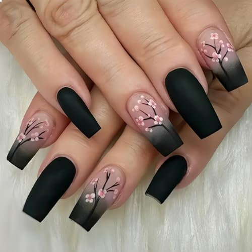 GlamRays Pack of 24 Black Press On Nails Medium Length Square False Nails Pink Flowers Acrylic Adhesive Nail Full Cover Shiny Press-On Nails Medium Length