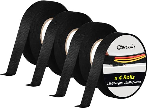 Qiareoiu 4 Rollen isolierband schwarz, 19mm x 15m kabelbaum klebeband, Auto gewebeband textilklebeband fur kfz kabel electric tape