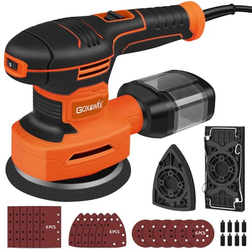 GOXAWEE 450W Levigatrice Orbitale, 6 velocità, 7000-14000 giri/min, 18PCS Dischi Abrasivi 125mm (80, 150, 240 Grani), Levigatrice Elettrica con Scatola di Raccolta della Polvere