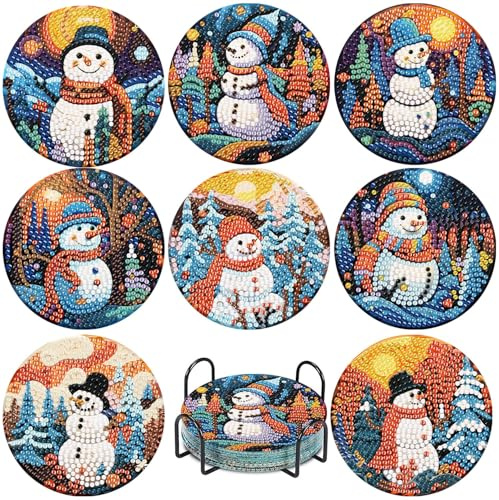8Pcs Diamond Art Coasters with Holder,DIY Christmas Life Coaster Diamond Painting Kits for Adults, Snowman Beginners Round Full Drill Diamond Art Craft Supplies