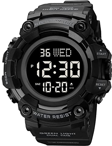 XCZAP Men's Digital Sports Watch Waterproof LED Backlight Chronograph Stopwatch Alarm Military Multifunction Wristwatch for Students Teens (Black Black)