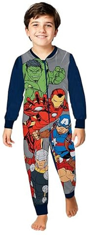 United Labels Marvel The Avengers Jumpsuit für Jungen, Grau Blau, Fleece Overall Langarm, Einteiler Schlafanzug, Kuschelanzug für Kinder