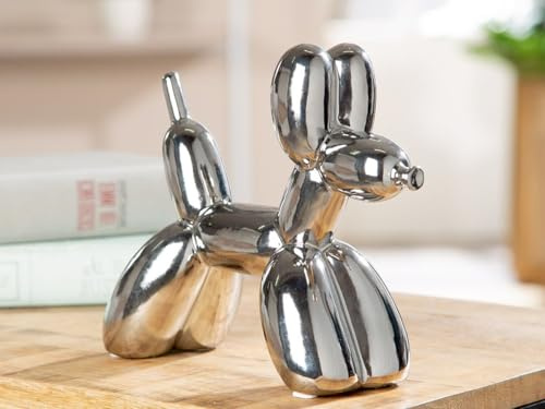 MF Dekorative Keramik-Ballonhund Figur, 20 cm, Silber Hochglanz, mit Filzgleitern
