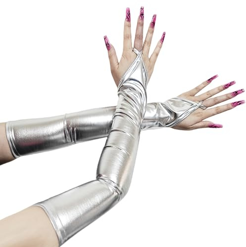 GWAWG Metallhandschuhe in Silber, metallische Handschuhe ohne lange Finger, Länge des Ellenbogens, glänzend, aus Leder, patentiert für die Szene Cosplay Night Club