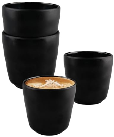 oupados Cappuccino Coffee Cups Set of 4 - Ceramic Matte Black 250ml Elegant Design Stoneware Vintage Mug Retro Drinking Cup - Dishwasher & Microwave Safe - Ideal for Home, Office, and Café