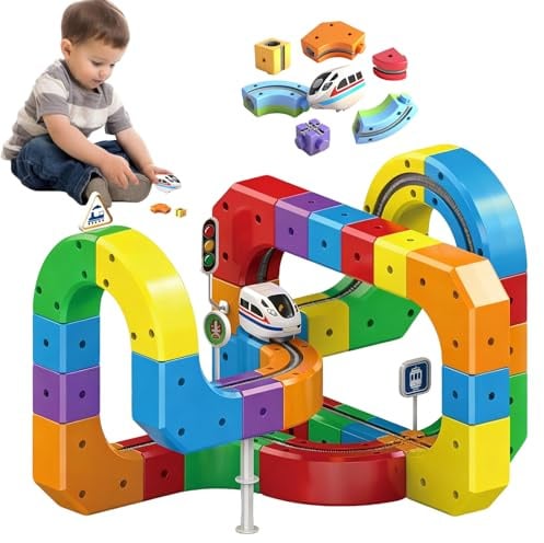 Vulaop Clickrail Electric Train Set Flexible Race Track, Elektrische Eisenbahn mit Stunt-Schienen, 360° Loopings & Brücken – Kreatives Magnet-Zug Set für Kinder, Förderung Motorik & Fantasie (51Pcs)