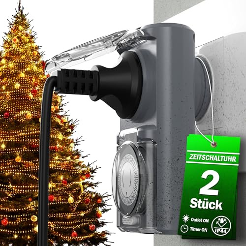 4smile 2er Set Zeitschaltuhr Aussenbereich, Grau | IP44 Zeitschaltuhr Steckdose Mechanische Outdoor mit Schutzabdeckung, für Lichter, Weihnachtsdeko