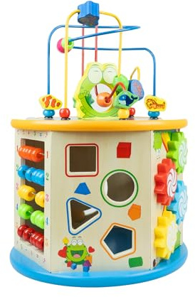Girox Holz Lernwürfel 8in1 – Motorikwürfel Spielbox – Baby Spielzeu Holzspielzeug mit Sortierer Zahlen Uhr Rechenschieber Labyrinth – Lernspiel für Kinder ab 3 Jahren - Pädagogisches Spiel ab 3 Jahren
