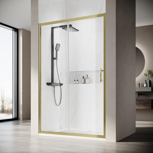 SONNI Cabine de douche coulissante en verre transparent doré - Différentes tailles 100/110/120 cm - Verre teinté ESG - Porte de niche - Porte coulissante en verre 100 x 185 cm