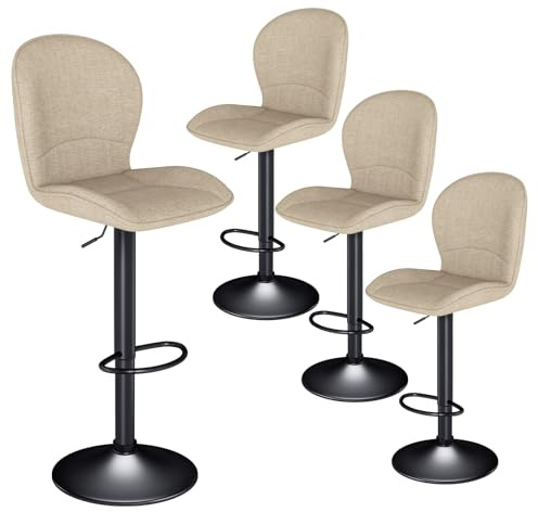LEWE Lot 4 Tabourets de Bar Réglables, Pivotants, Dossier Tissu Kaki | Tabourets Hauts de Cuisine, Dossier Rembourré en Tissu, Repose-Pieds Métallique, Scandinave Moderne pour Îlot de Cuisine bar