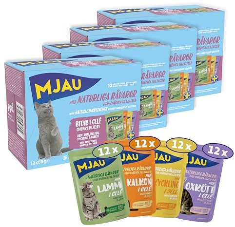Mjau 48×85g Fleisch in Gelee mit Rind, Huhn, Pute und Lamm – 4er-Multipack Nassfutter für Katzen in Einer Großpackung - getreidefrei & ohne Zuckerzusatz in praktischen Portionsbeuteln