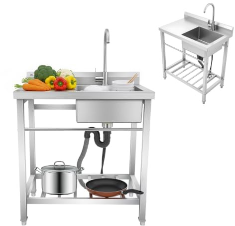 Freistehende Küchenspüle Edelstahl Spültisch, 80 x 55 x 84CM 100KG Tragfähigkeit Rechtes Spülbecken Gewerbespülbecken mit Abflussrohr Wasserhahn für Restaurant Garage oder Waschküche
