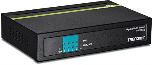 TRENDnet, TPE-TG50g, Switch PoE+ Gigabit de 5 Puertos, presupuesto PoE de 31 W, Capacidad de conmutación de 10 Gbps