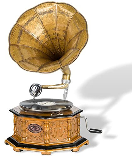 Grammofono a tromba con piatto in ceralacca stile antico