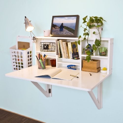 SoBuy FWT07-II-W, Folding Wall-mounted Drop-leaf Table Desk Integrated with Storage Shelves, Wall Desk Table Computer Desk, White