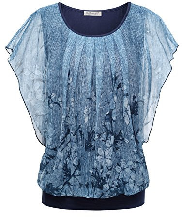 BAISHENGGT Damen Sommer Netz Bluse Flatter Kurzarm Tshirt Rundkragen Falten Elegant Oberteile Top Blusen Blau-2 XL