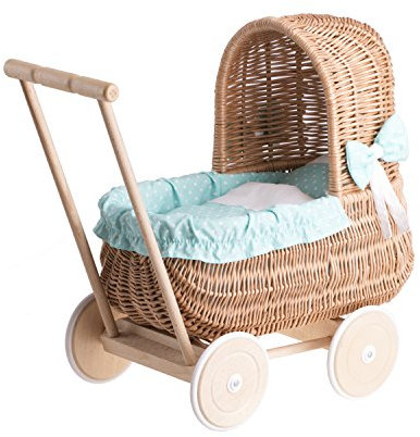 e-wicker24 Puppenwagen aus Weide mit Bettwäsche - perfekte Geschenkidee - Korbpuppenwagen, schöner Spielzeug aus Korbgeflecht (Natur, Mint)