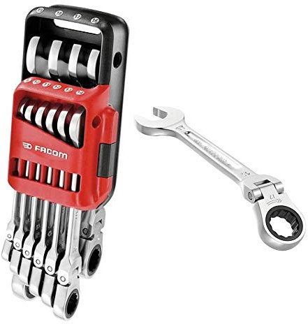 FACOM - Jeu de 10 Clés Mixtes à Cliquet Articulées - 467BF.JP10 - Clefs à Cliquet Métriques et en Pouces - Compact et Facile à Utiliser - Résiste aux Produits Chimiques et aux Chocs - Étui Portatif