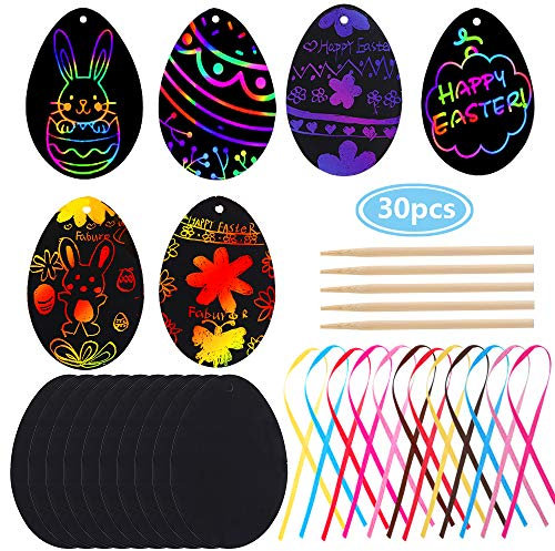 Faburo 30pcs Bastelsets Ostern Kratzbild Anhänger von Ostereier Bastelset für Kinder zum Basteln zum Ostern